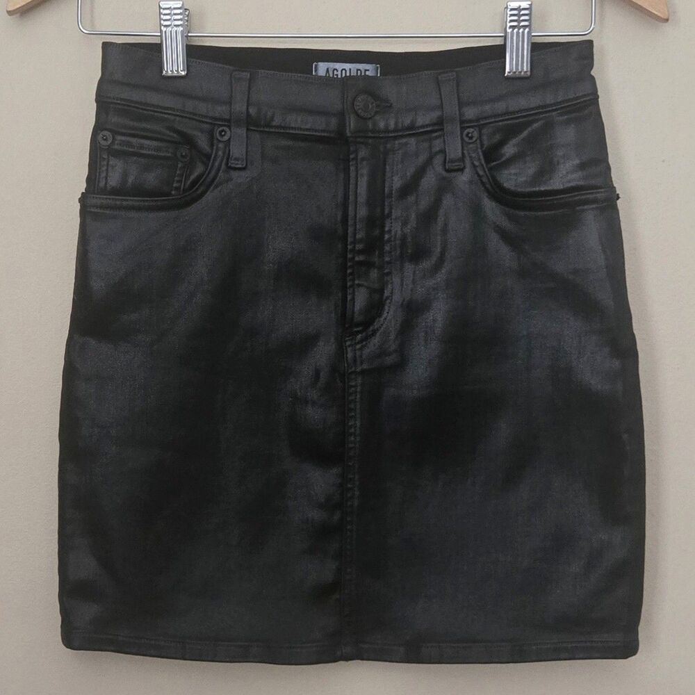 AGOLDE Lydia Black Coated Leatherette Denim Mini Skirt Dark Coquette